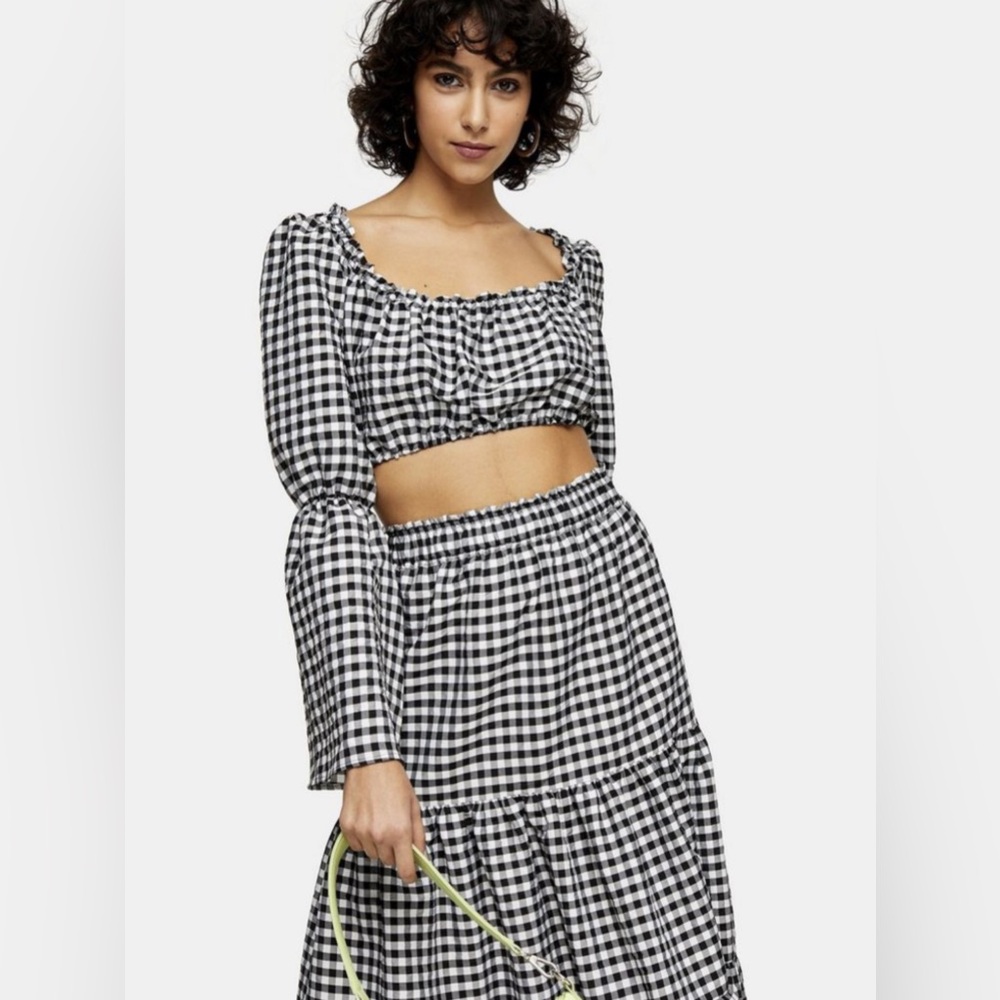 NWT Topshop Black and White Gingham Flute Sleeve Blouse